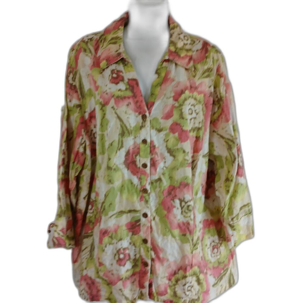 JM Collection Shirt White Pink Floral Button Up  V Neck Linen Sz 20W  Cottage...